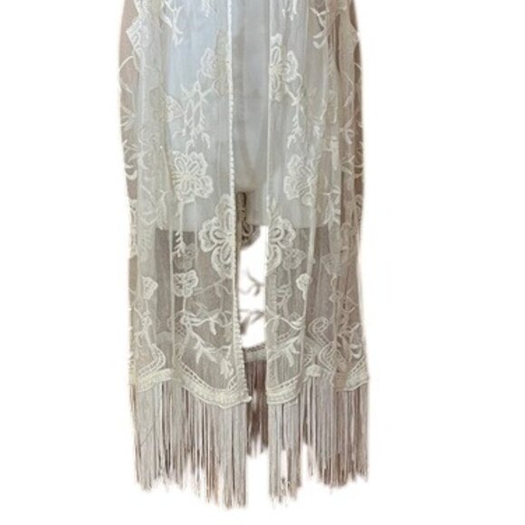 Jody California Ivory Floral Embroidered Lace Longline Open Fringe Duster L/XL - Picture 3 of 11